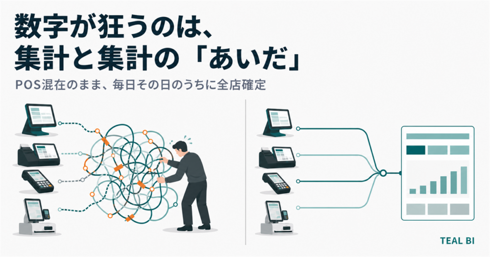 メーカーの異なるPOSレジから届いたデータが手作業で絡まり合っている状態と、TEAL BIで整理されて1つのダッシュボードに確定した状態を並べた図